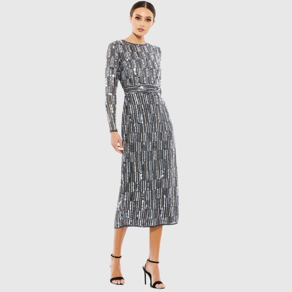 MAC DUGGAL Charcoal Gray Embellished High Neck Long Sleeve Fitted Dress NWT 16